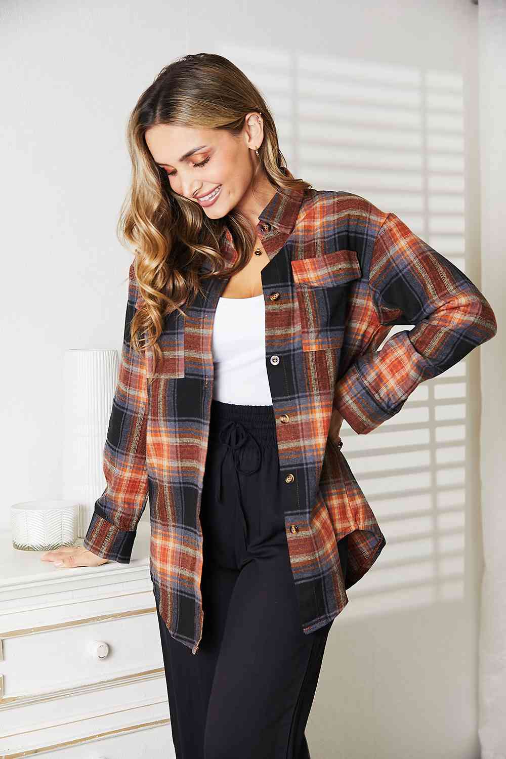 Double Take Plaid Dropped Shoulder Shirt - AllIn Computer