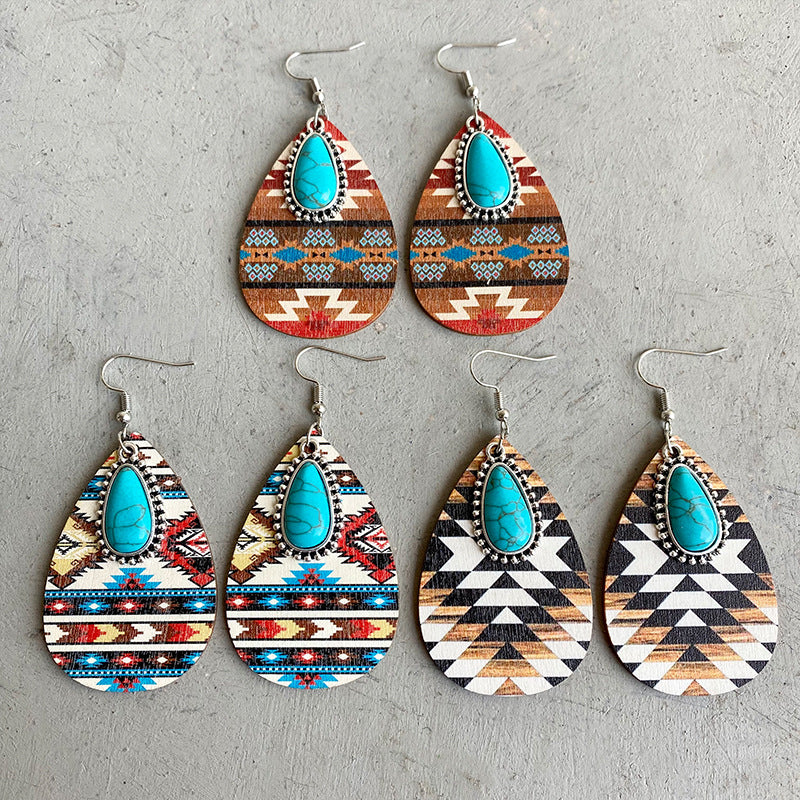 Turquoise Teardrop Shape Wooden Dangle Earrings - AllIn Computer