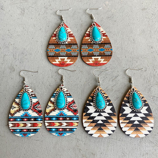 Turquoise Teardrop Shape Wooden Dangle Earrings - AllIn Computer