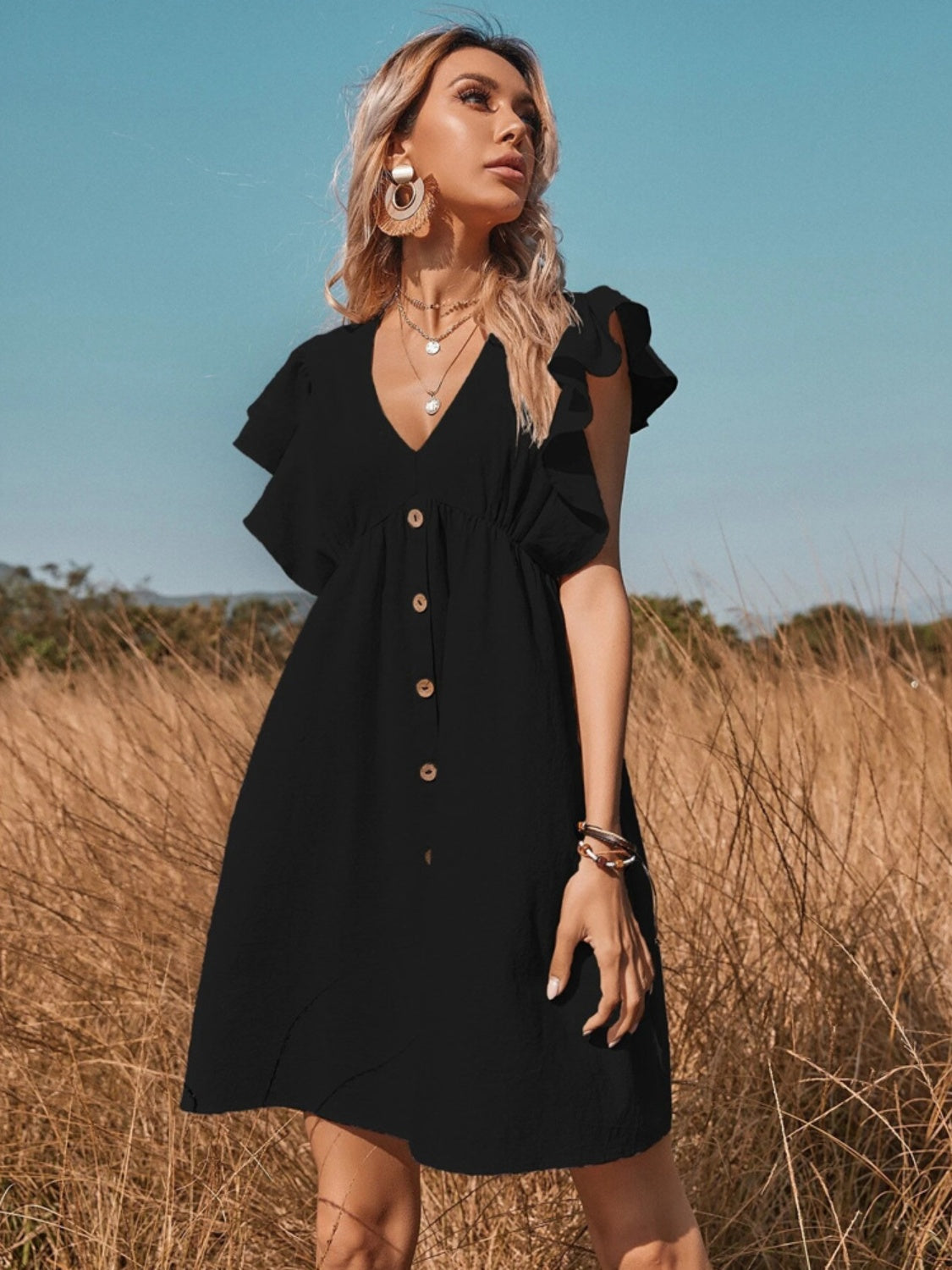 Ruffled Cap Sleeve V-Neck Mini Dress - AllIn Computer