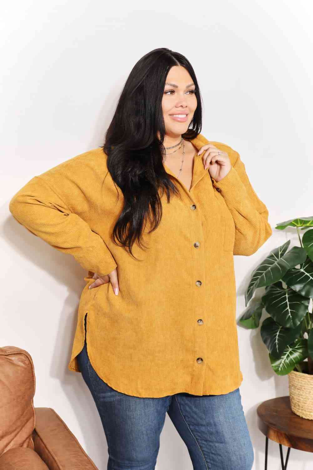 HEYSON Full Size Oversized Corduroy  Button-Down Tunic Shirt with Bust Pocket - AllIn Computer