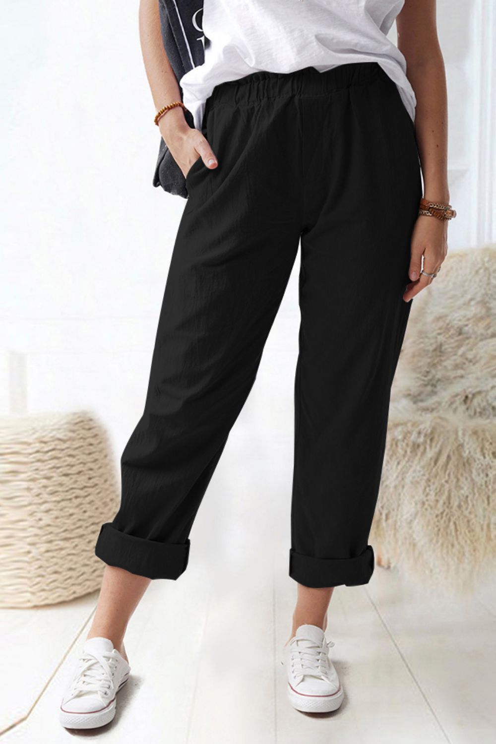 Paperbag Waist Pull-On Pants with Pockets - AllIn Computer
