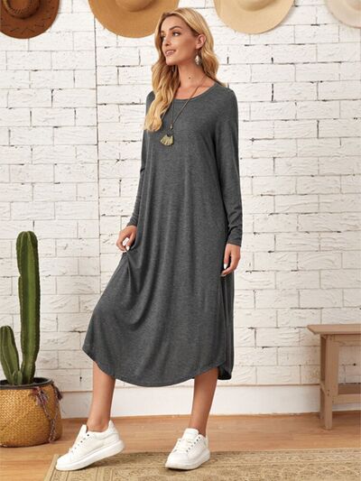 Pocketed Round Neck Long Sleeve Tee Dress - AllIn Computer