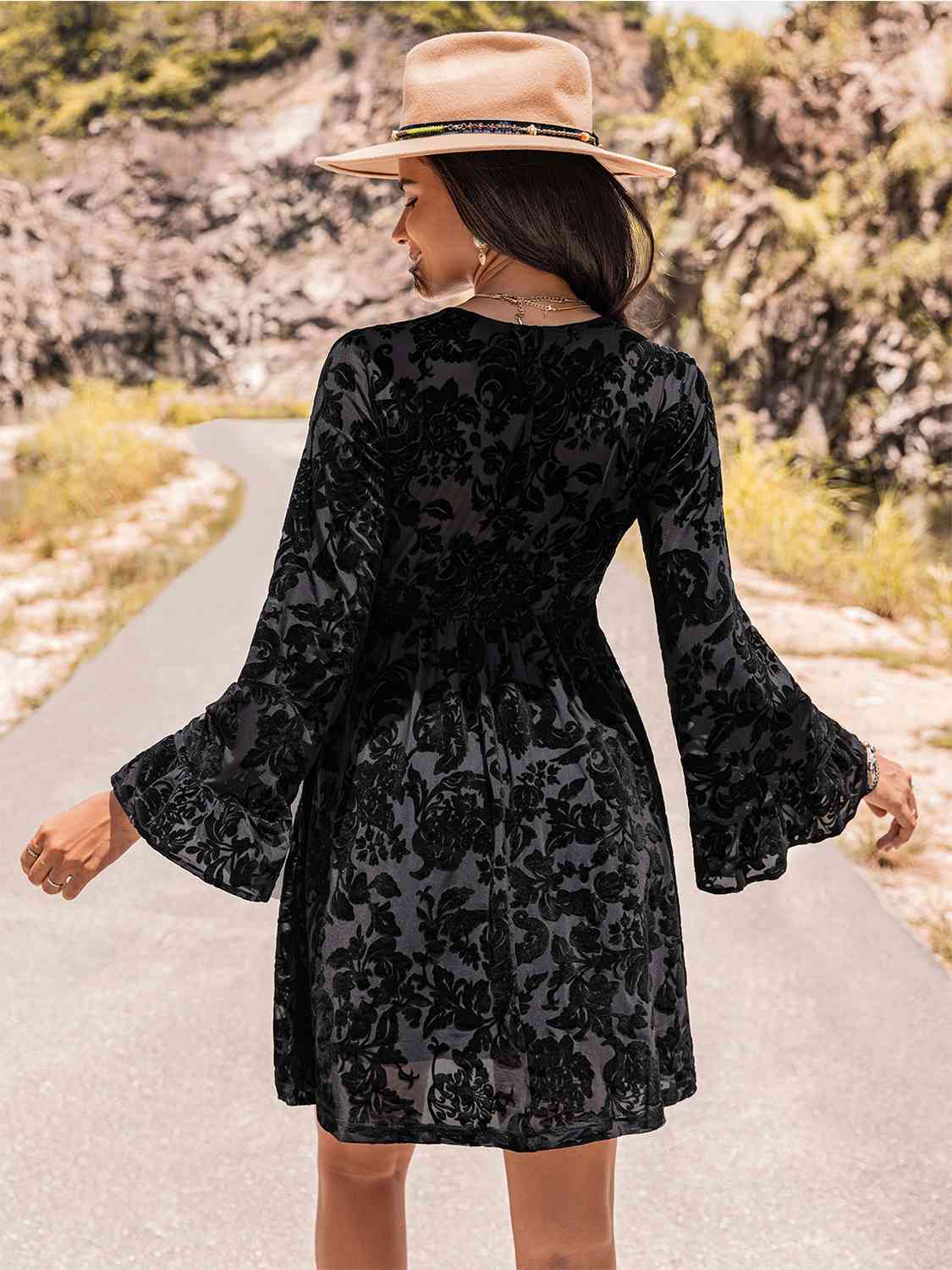 Floral V-Neck Flare Sleeve Mini Dress - AllIn Computer