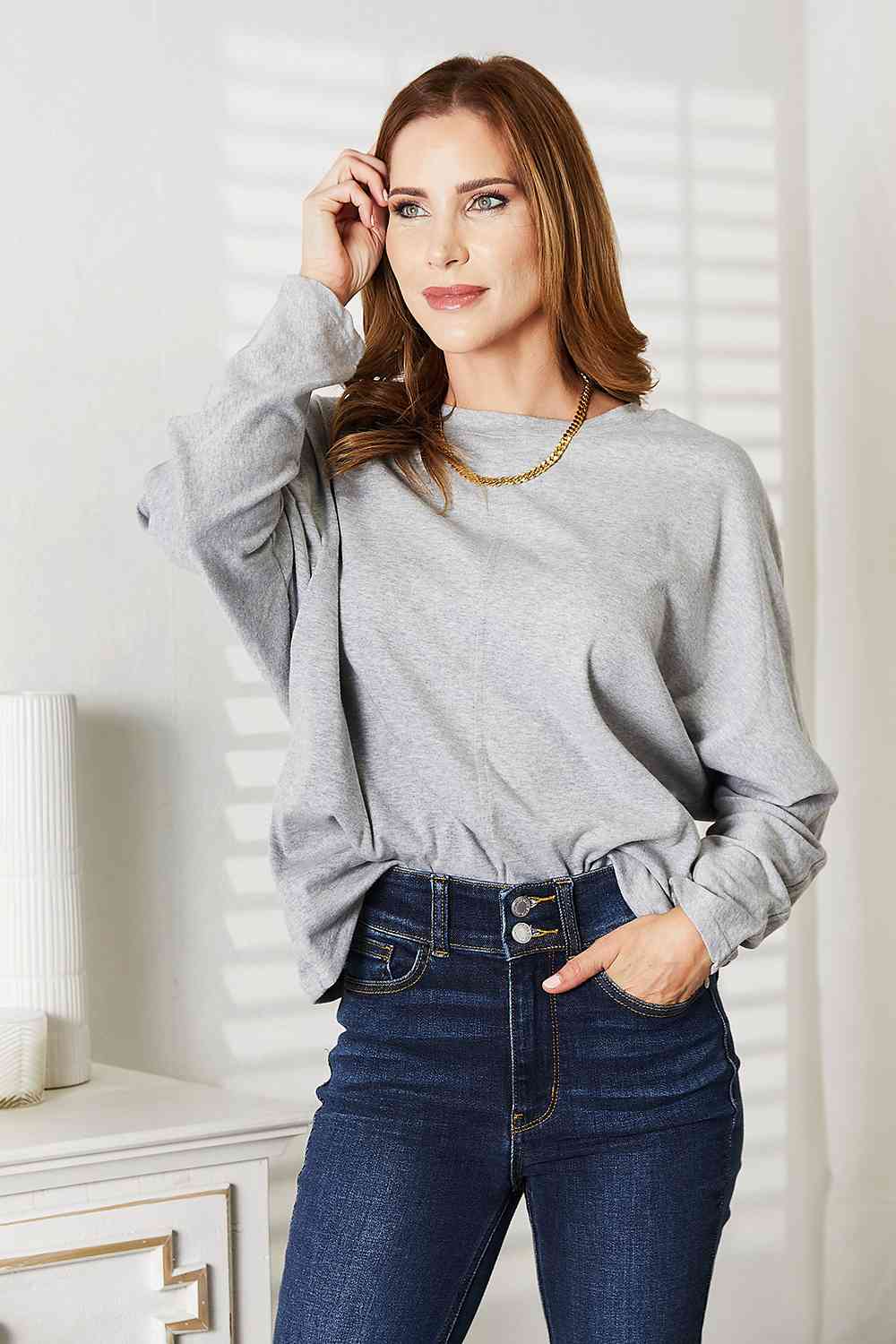 Double Take Seam Detail Round Neck Long Sleeve Top - AllIn Computer