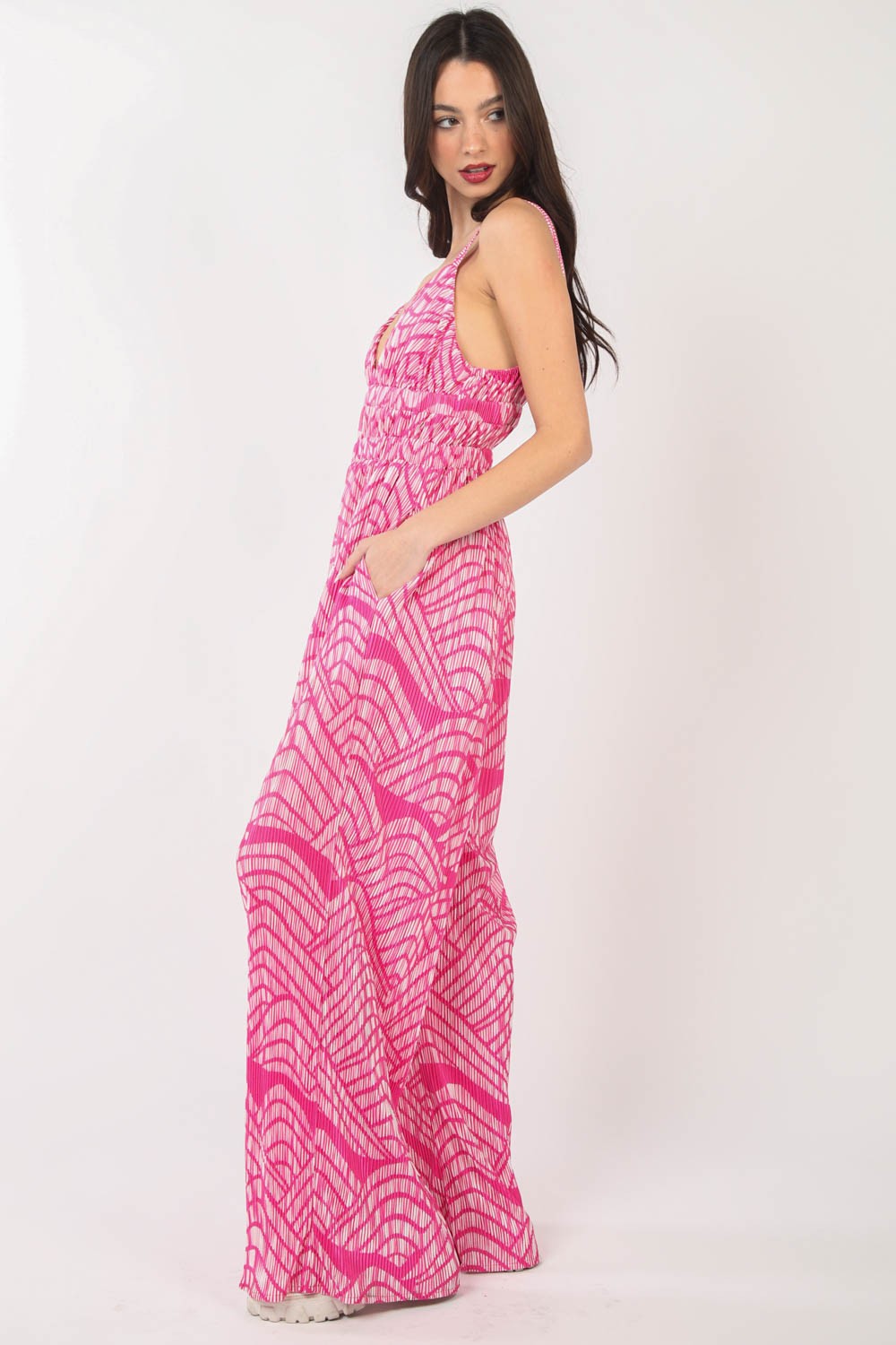 VERY J Printed Pleated Sleeveless Wide Leg Jumpsuit - AllIn Computer