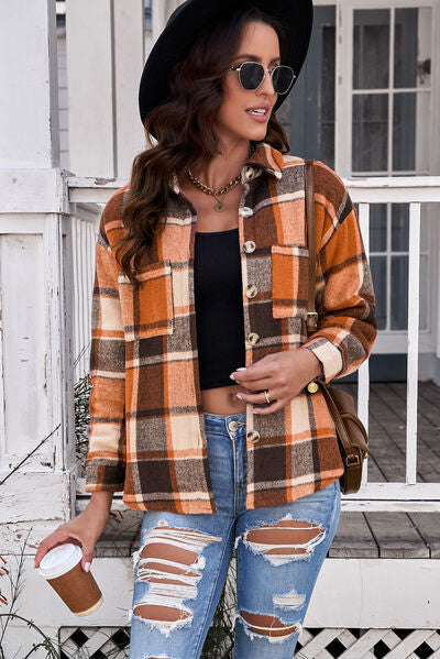 Plaid Pocketed Button Up Jacket - AllIn Computer