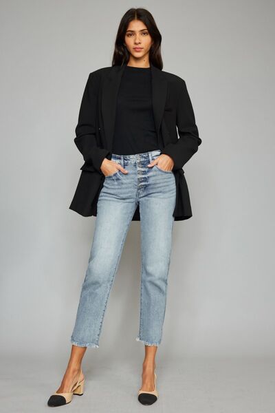 Kancan High Waist Button Fly Raw Hem Cropped Straight Jeans - AllIn Computer