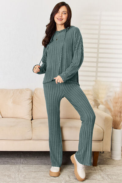 Basic Bae Full Size Ribbed Drawstring Hood Top and Straight Pants Set - AllIn Computer