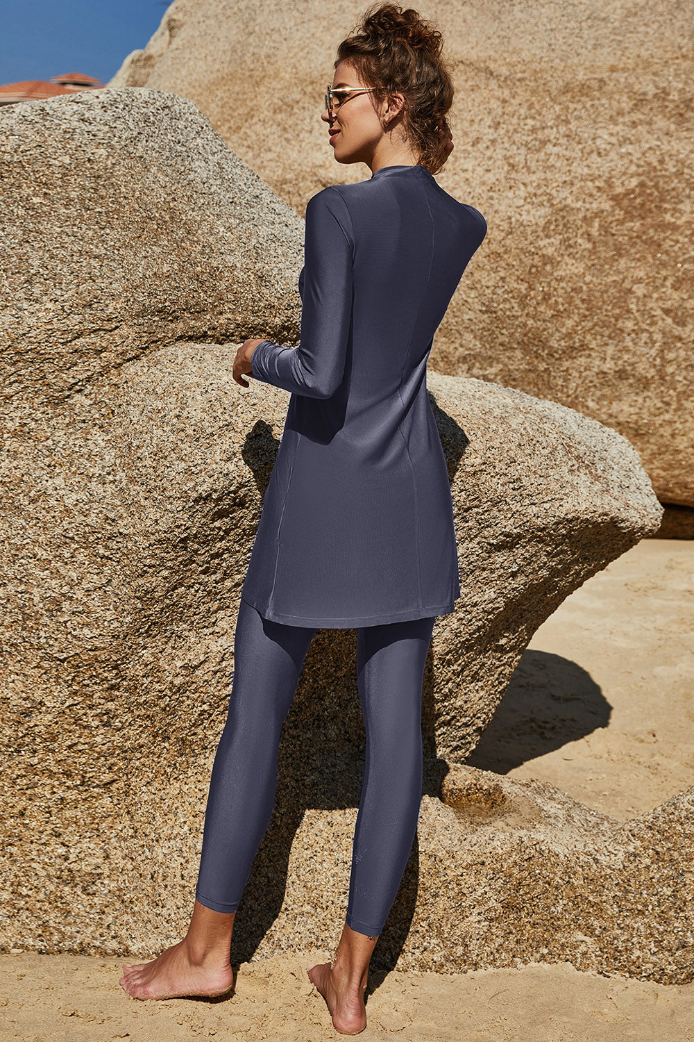 Slit Mock Neck Long Sleeve Top and Pants Swim Set - AllIn Computer