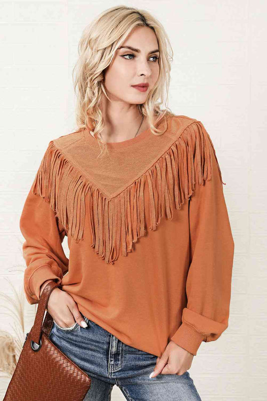 Fringe Trim Round Neck Sweatshirt - AllIn Computer
