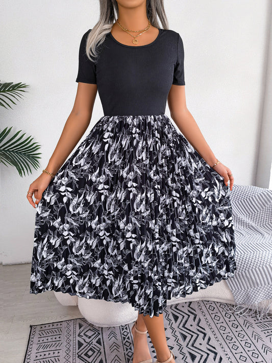 Printed Round Neck Pleated Dress - AllIn Computer
