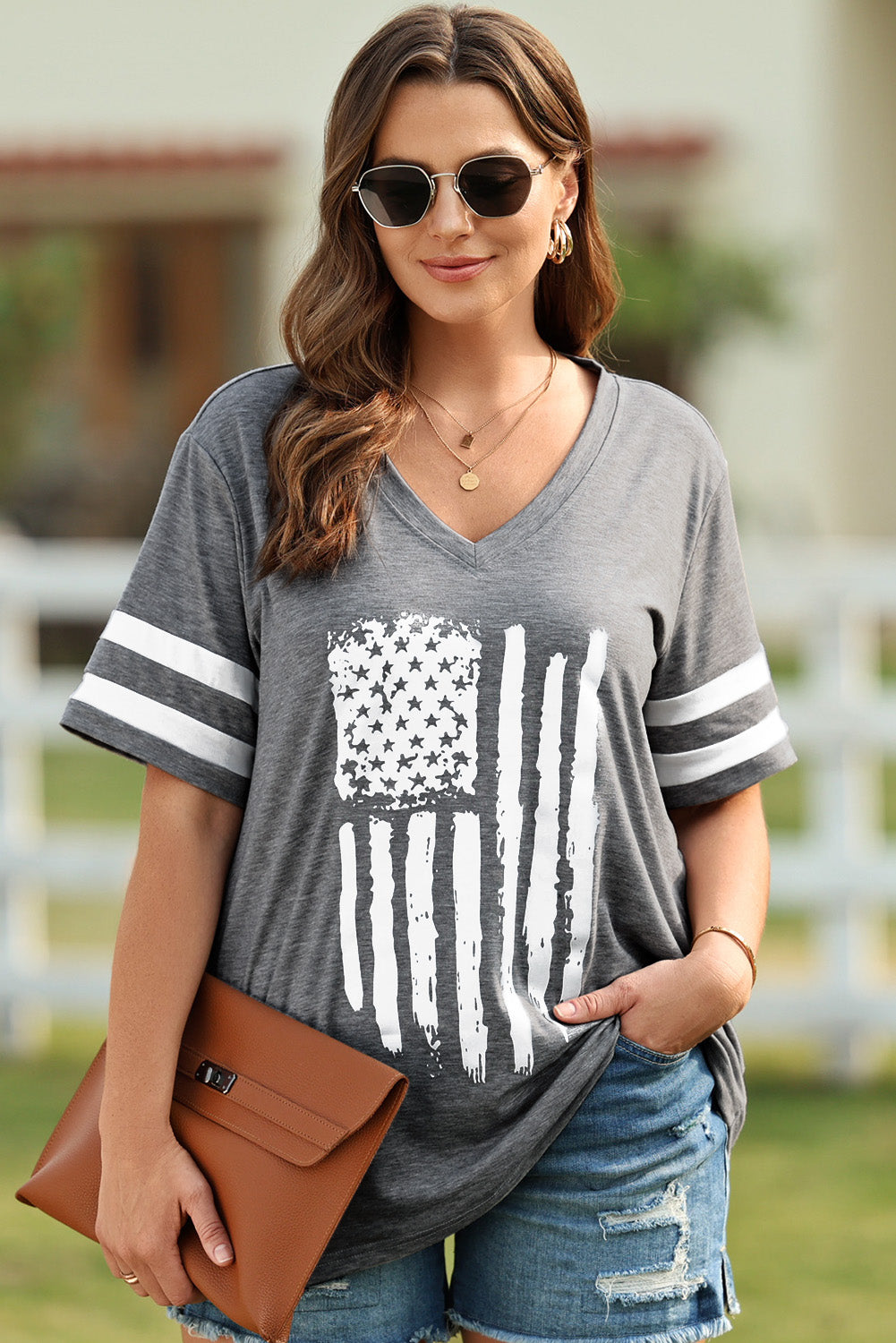 Plus Size US Flag Graphic V-Neck Tee - AllIn Computer