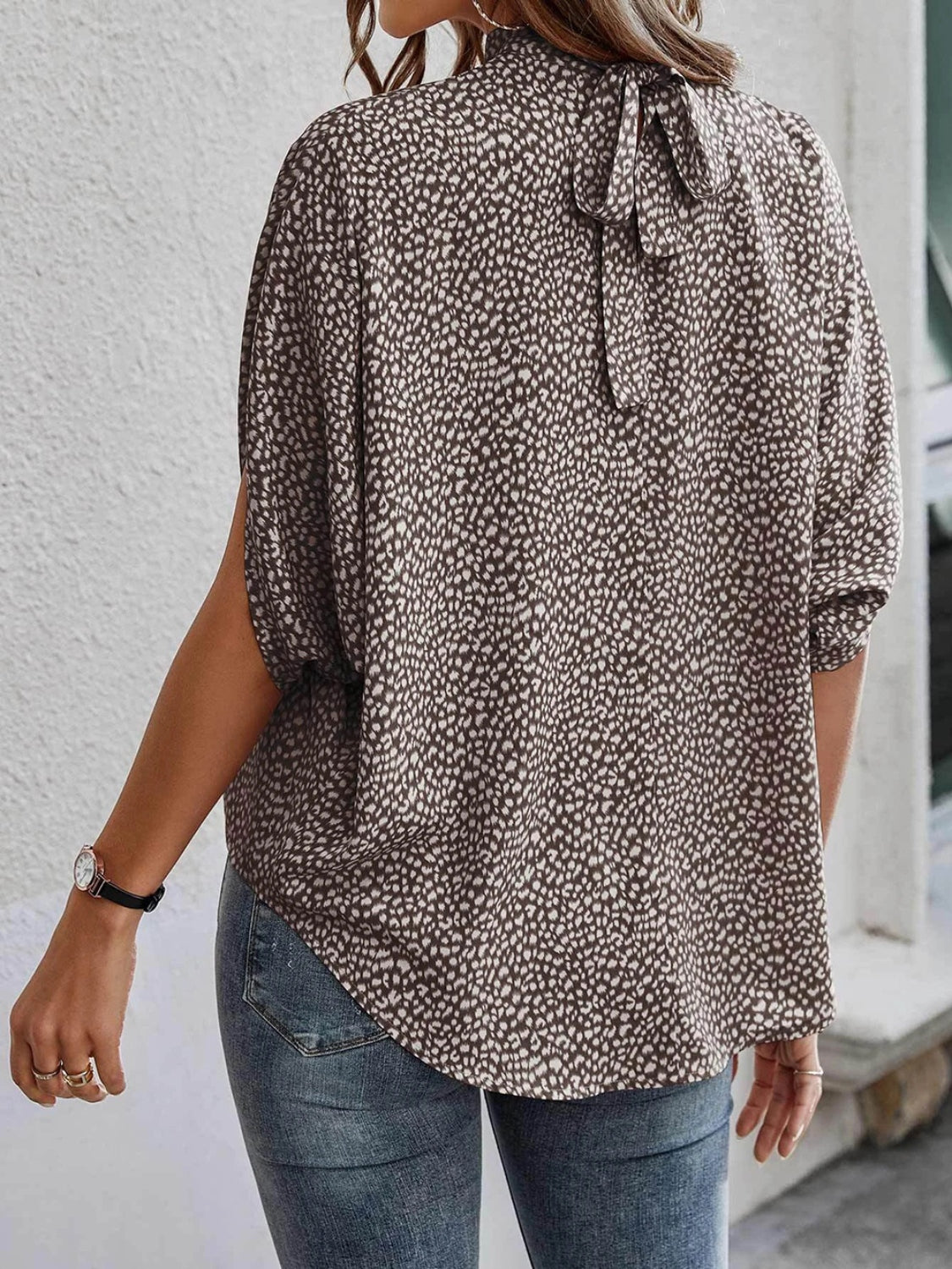 Tied Printed Mock Neck Half Sleeve Blouse - AllIn Computer