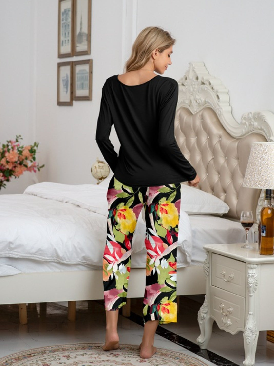 Round Neck Top and Printed Pants Lounge Set - AllIn Computer