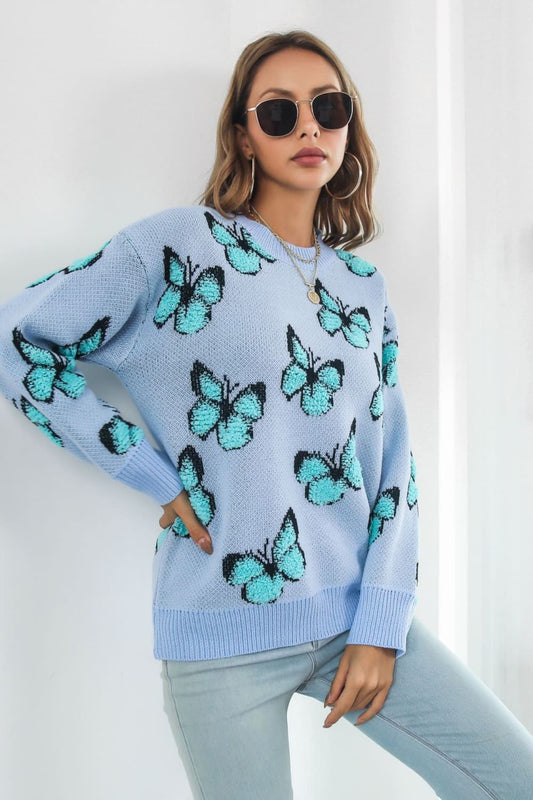 Butterfly Pattern Round Neck Dropped Shoulder Sweater - AllIn Computer