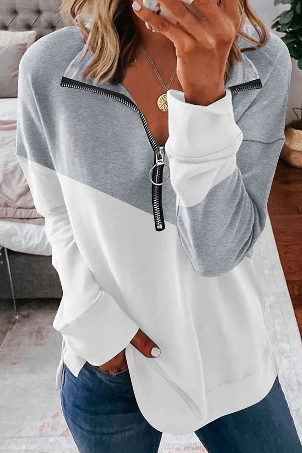 Contrast Zip-Up Collared Neck Dropped Shoulder Blouse - AllIn Computer