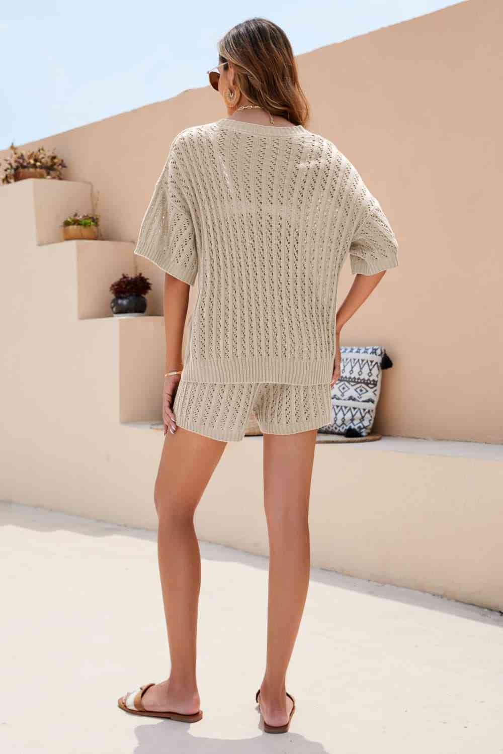 Openwork V-Neck Top and Shorts Set - AllIn Computer