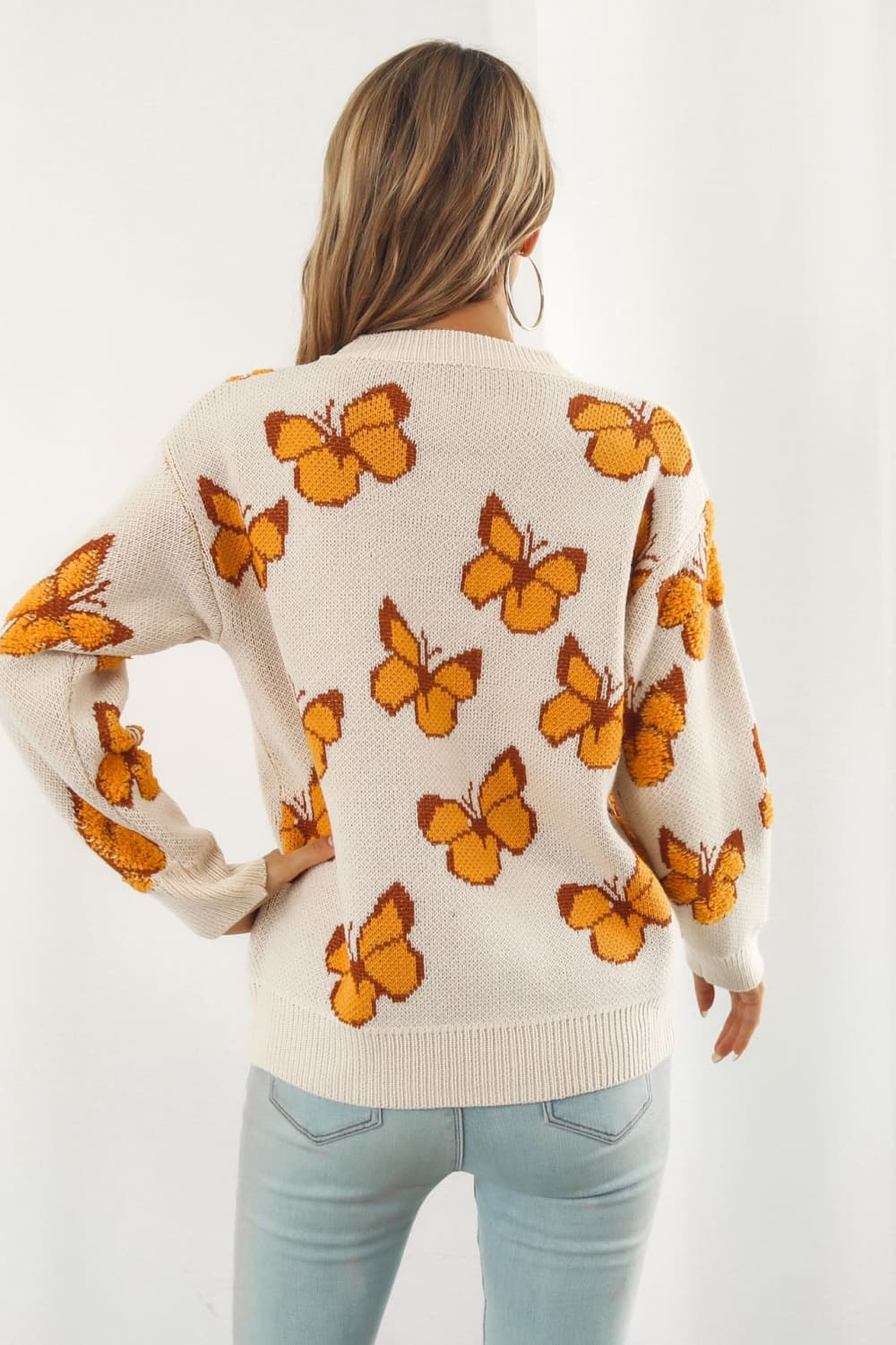 Butterfly Pattern Round Neck Dropped Shoulder Sweater - AllIn Computer