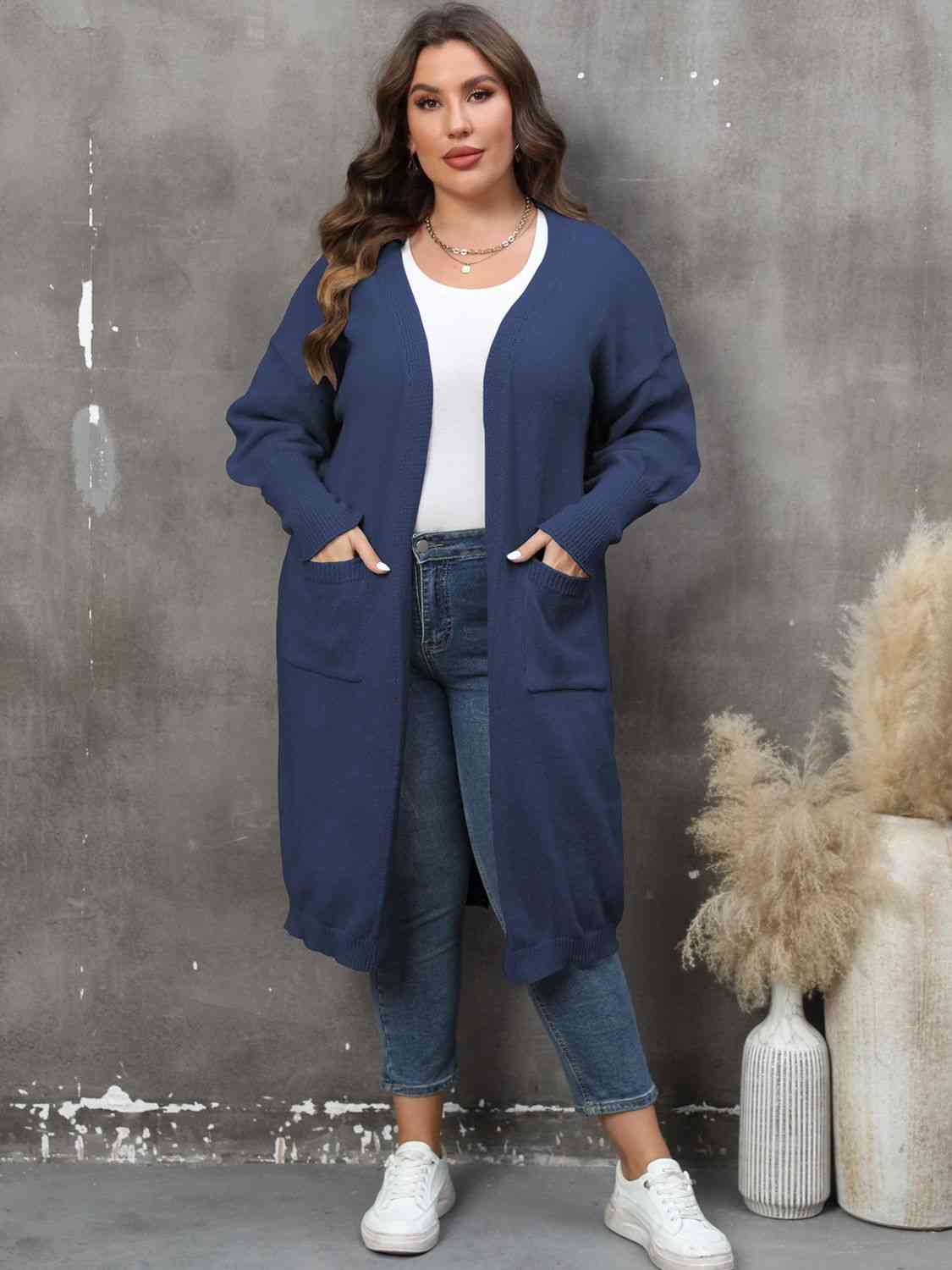 Plus Size Long Sleeve Pocketed Cardigan - AllIn Computer