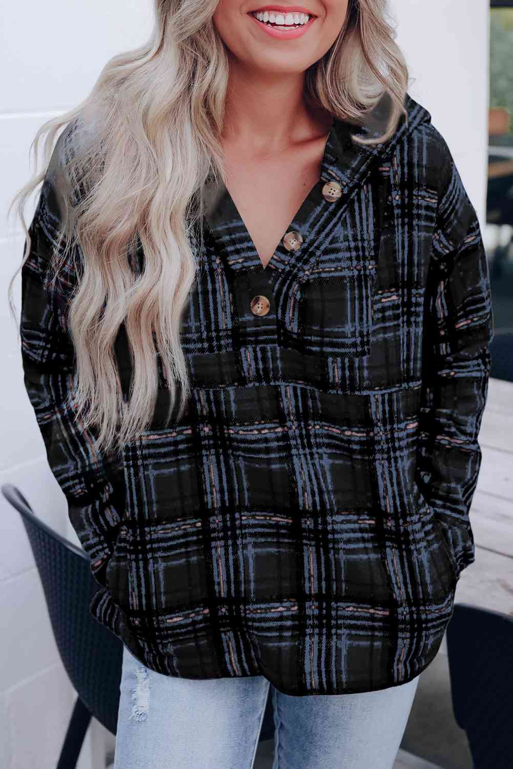 Plaid Long Sleeve Buttoned Hoodie - AllIn Computer