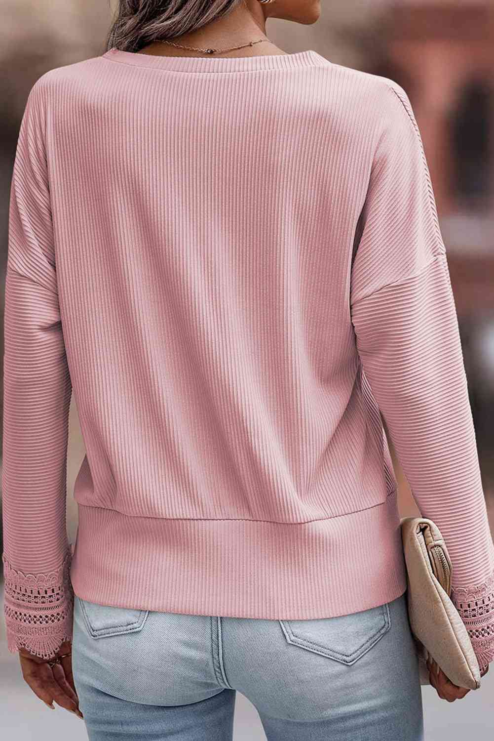 Spliced Lace V-Neck Ribbed Top - AllIn Computer