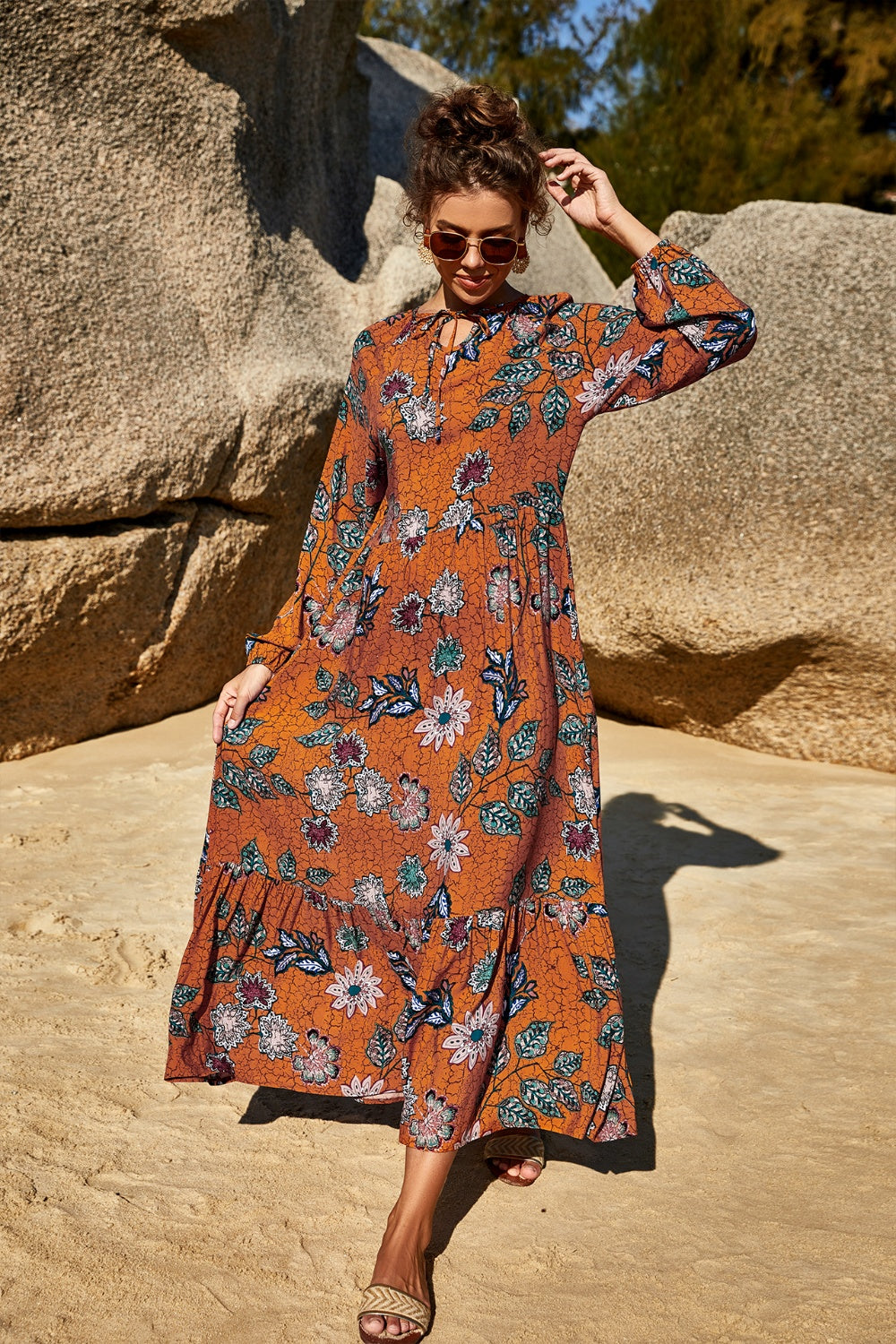 Printed Tie Neck Long Sleeve Dress - AllIn Computer