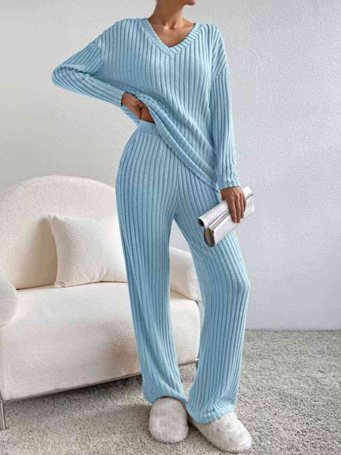 Ribbed V-Neck Long Sleeve Top and Pants Set - AllIn Computer