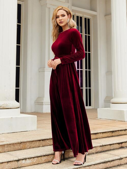 Tie Front Round Neck Long Sleeve Maxi Dress - AllIn Computer