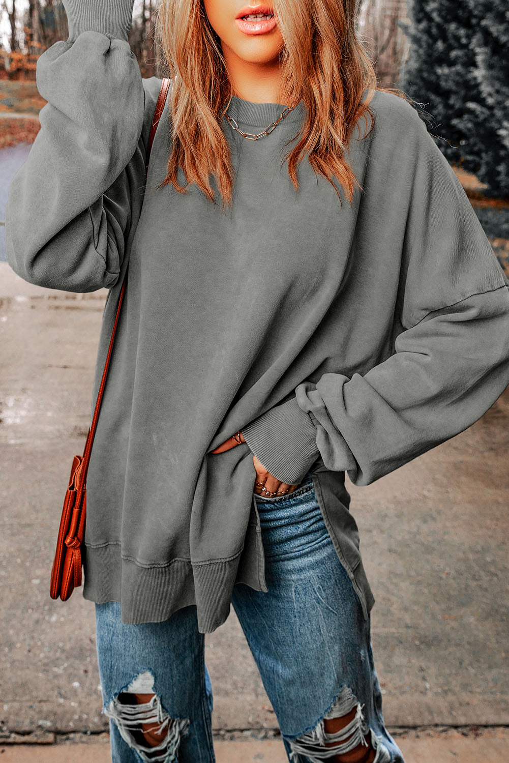 Dropped Shoulder Round Neck Long Sleeve Blouse - AllIn Computer