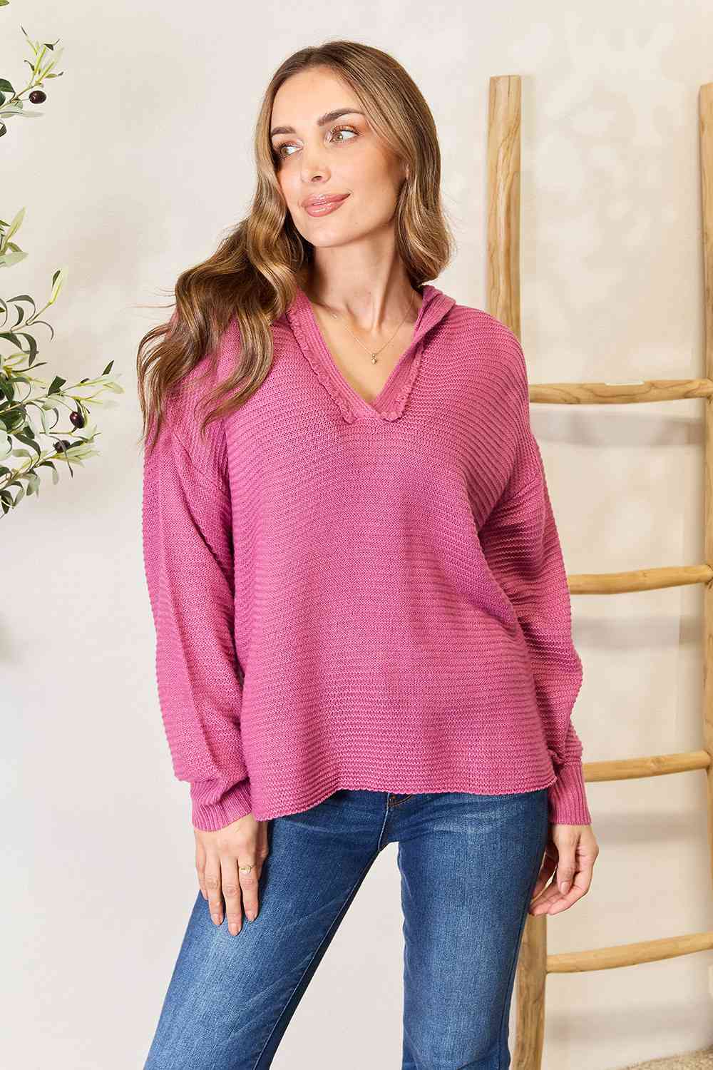 Double Take Ribbed Fringed V-Neck Hooded Sweater - AllIn Computer