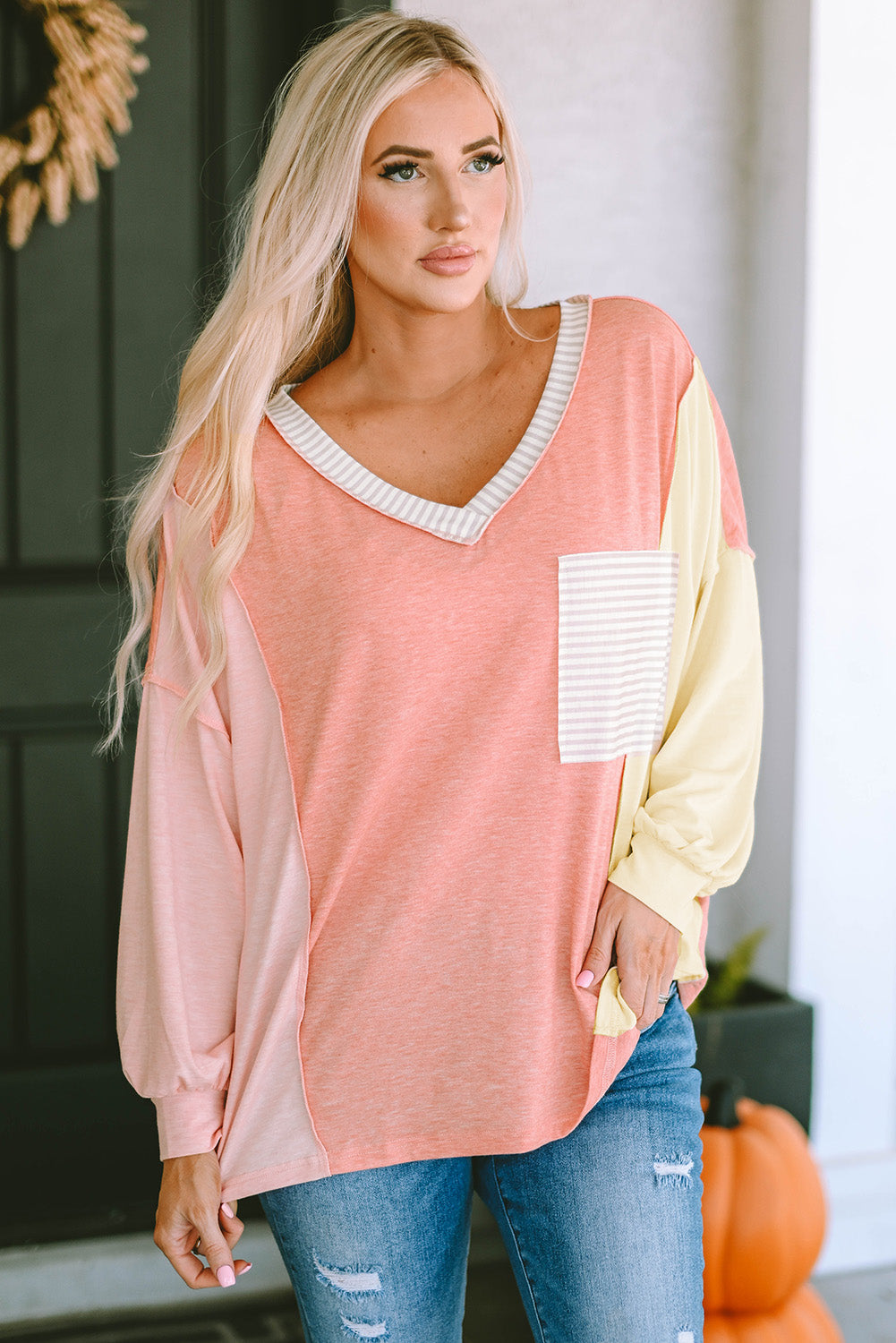 Color Block V-Neck Dropped Shoulder Sweatshirt with Pocket - AllIn Computer