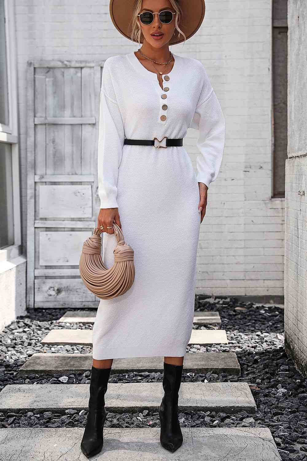 Notched Neck Dropped Shoulder Button-Down Midi Dress - AllIn Computer