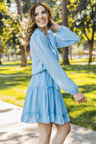 Frill Tie Neck Balloon Sleeve Dress - AllIn Computer
