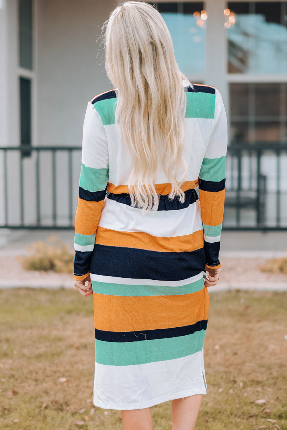 Striped Drawstring Waist Side Slit Midi Dress - AllIn Computer
