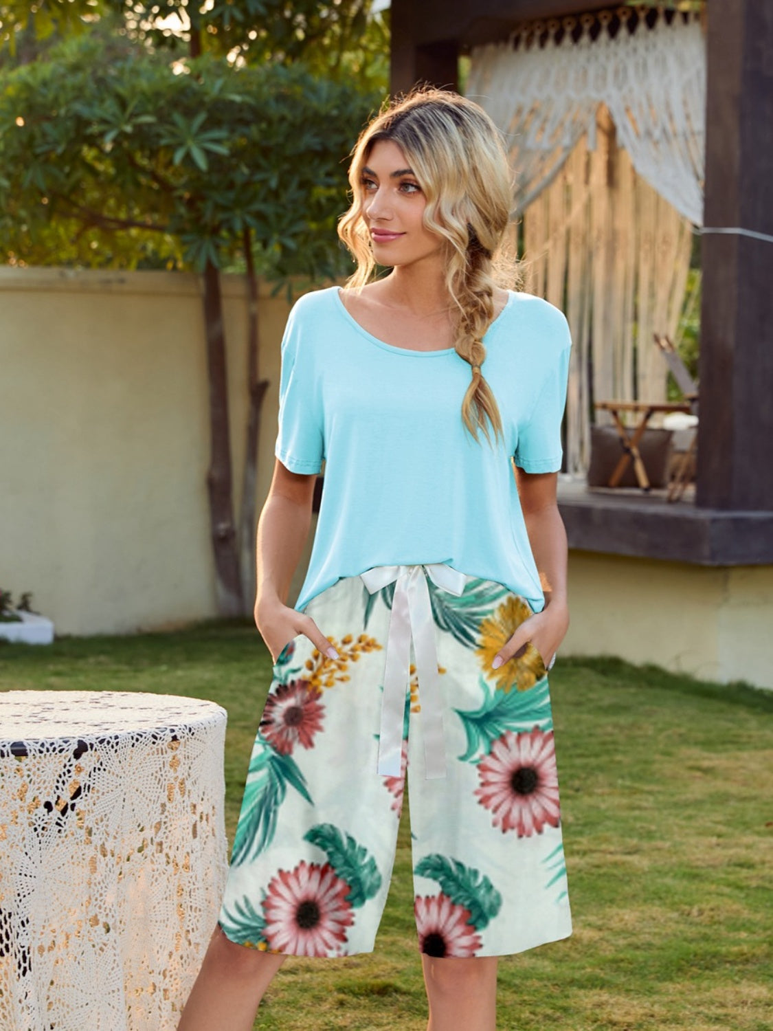 Short Sleeve Top and Printed Shorts Lounge Set - AllIn Computer