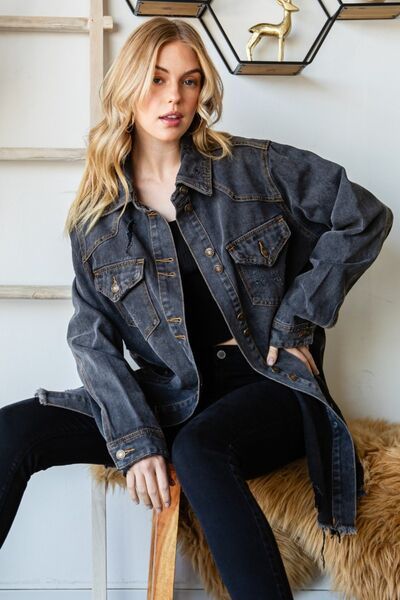 Veveret Button Up Distressed Frayed Hem Denim Jacket - AllIn Computer