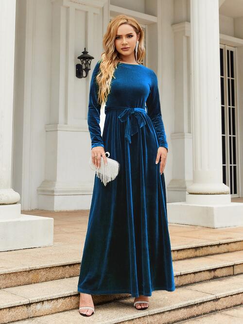 Tie Front Round Neck Long Sleeve Maxi Dress - AllIn Computer