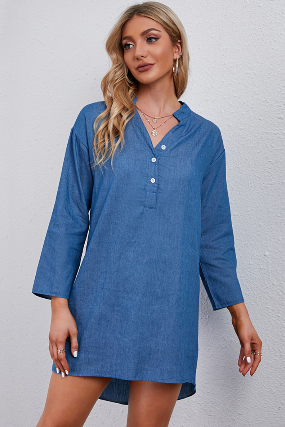 Half-Button Notched Neck High-Low Denim Dress - AllIn Computer