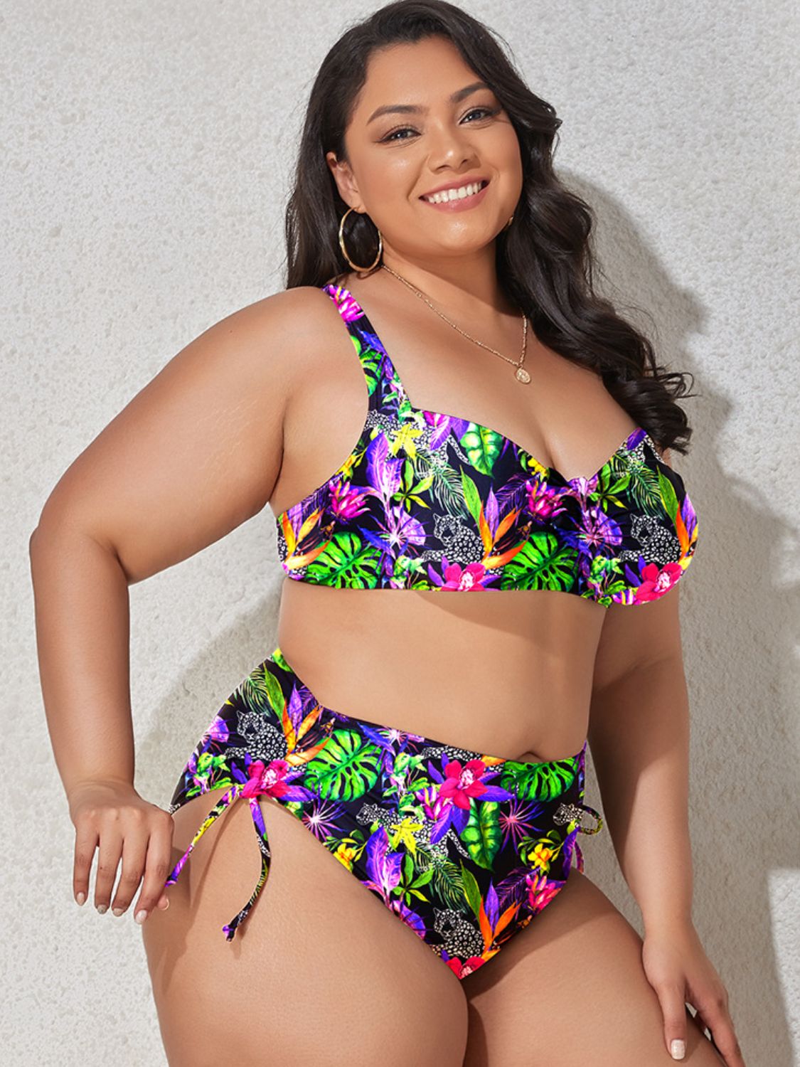 Plus Size Printed Drawstring Detail Bikini Set - AllIn Computer