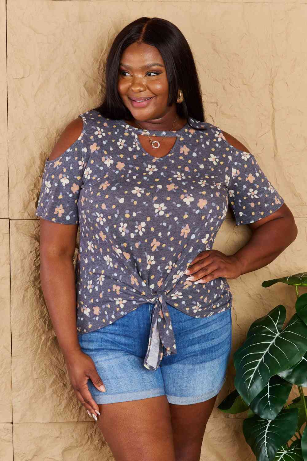 Heimish On My Own Full Size Cold Shoulder Keyhole Floral Print Top - AllIn Computer