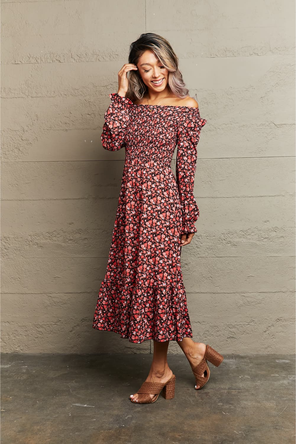 Off-Shoulder Long Sleeve Midi Dress - AllIn Computer