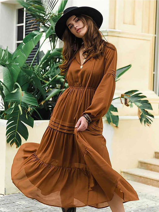 Tie Neck Long Sleeve Midi Tiered Dress - AllIn Computer
