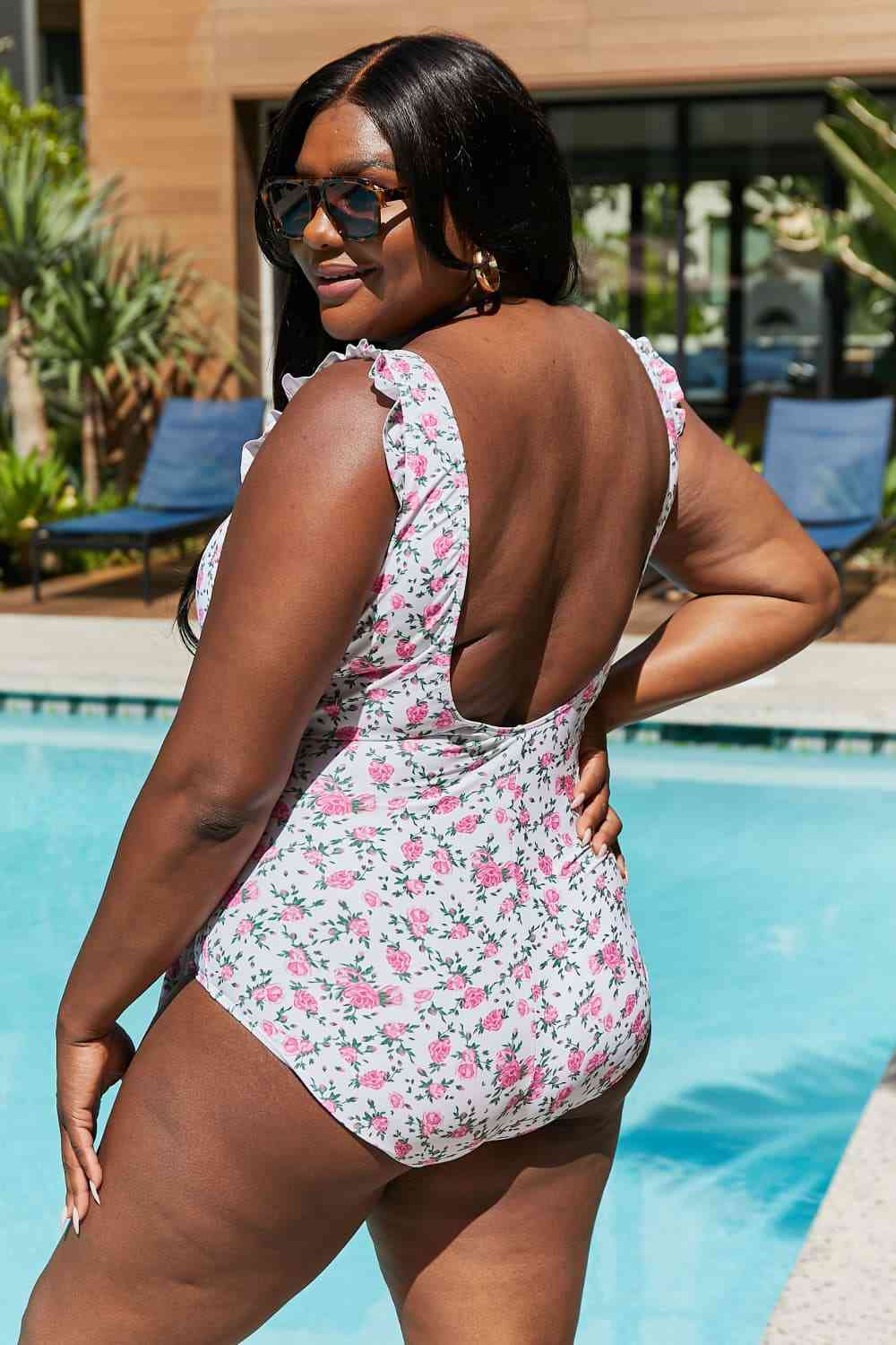 Marina West Swim Full Size Float On Ruffle Faux Wrap One-Piece in Roses Off-White - AllIn Computer