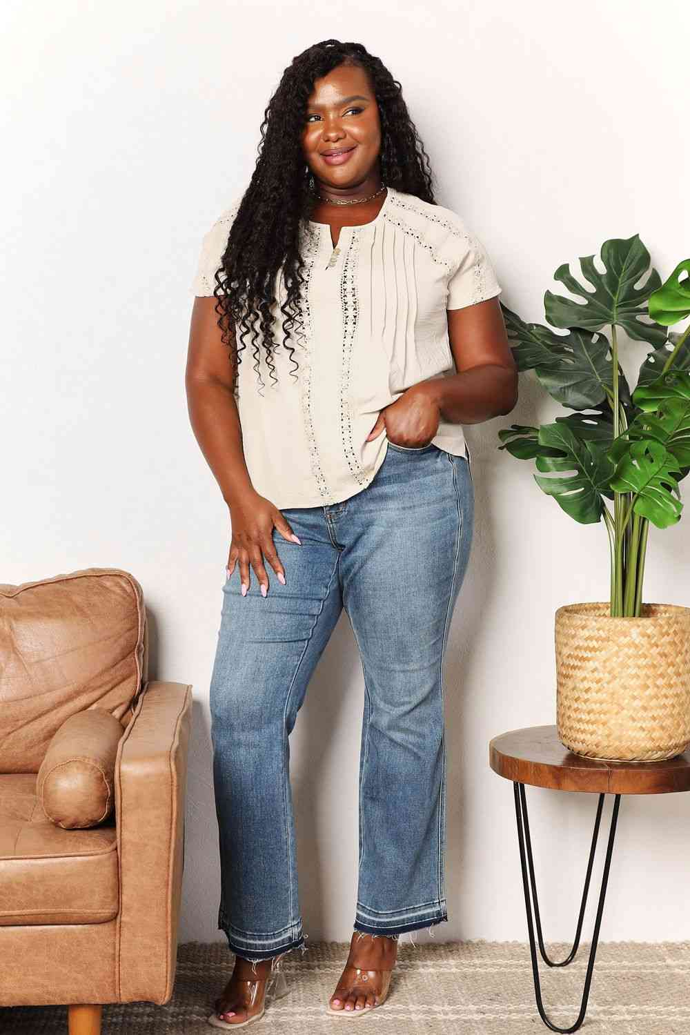 Double Take Crochet Buttoned Short Sleeves Top - AllIn Computer