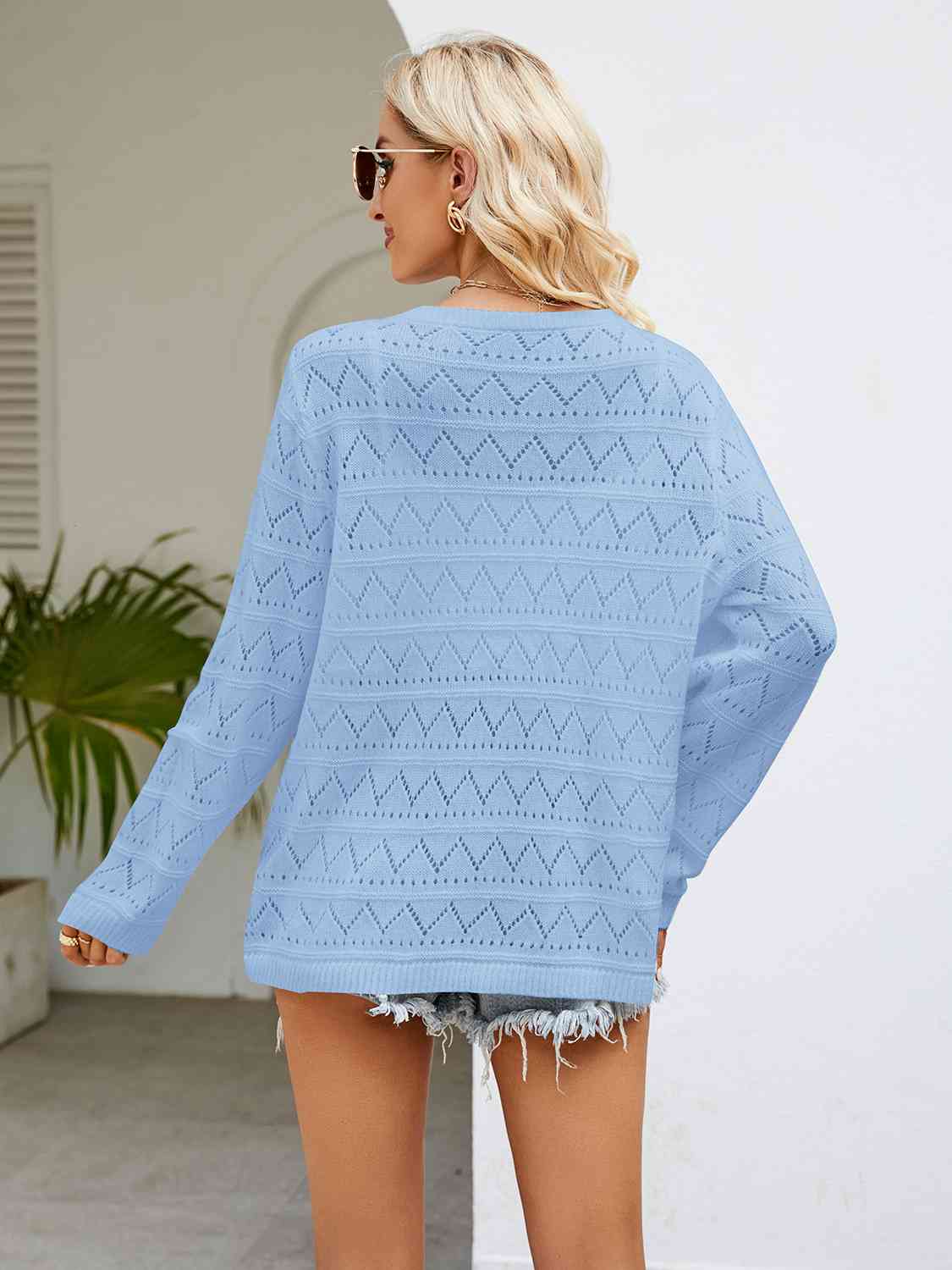 Round Neck Openwork Long Sleeve Knit Top - AllIn Computer