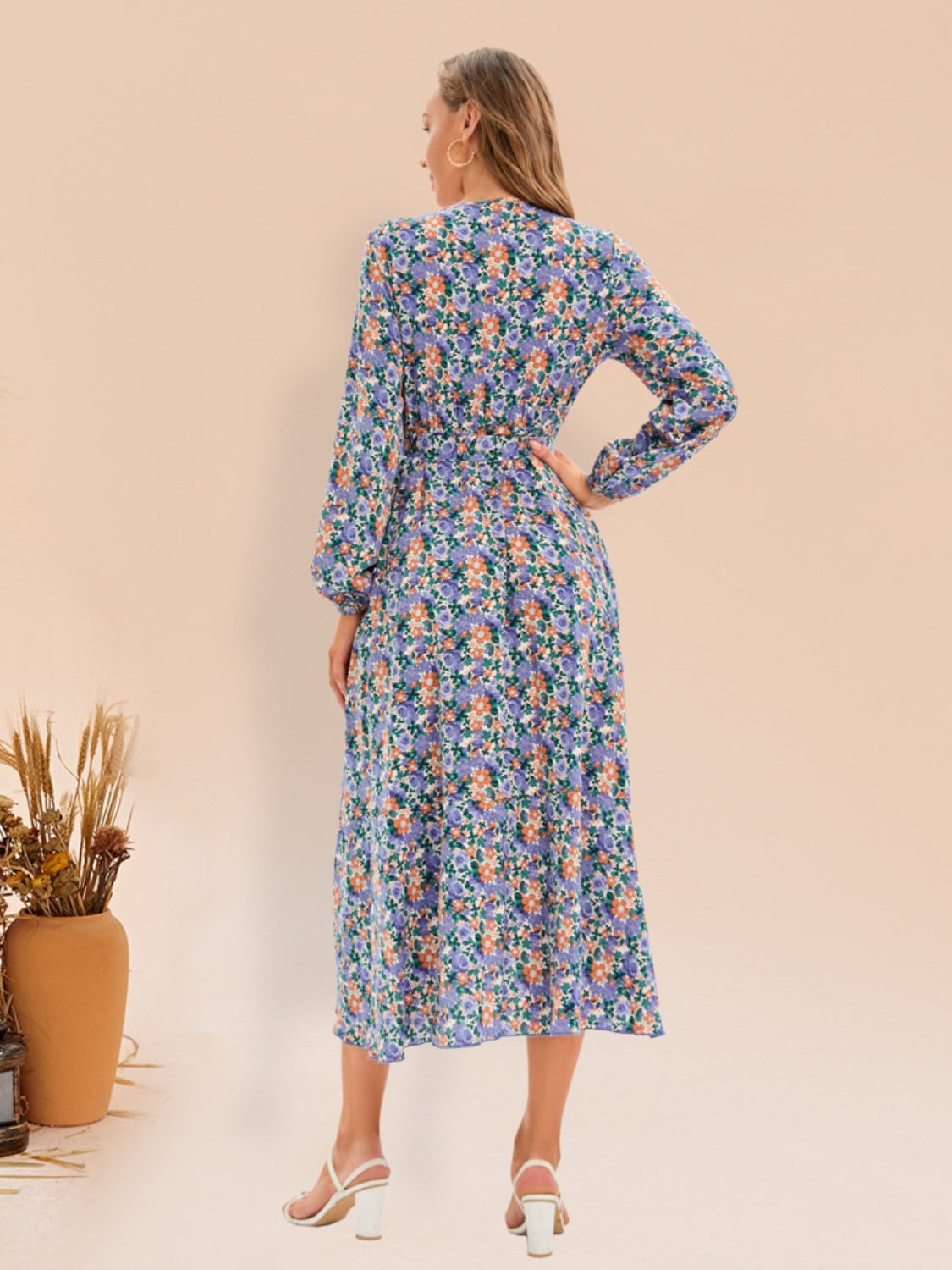 Full Size Printed Surplice Long Sleeve Dress - AllIn Computer