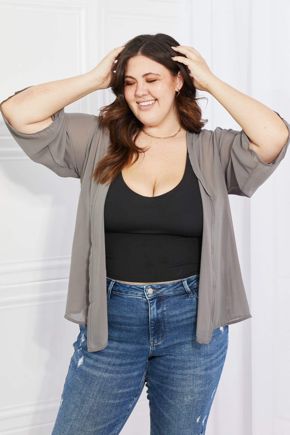 Melody Just Breathe Full Size Chiffon Kimono in Grey - AllIn Computer