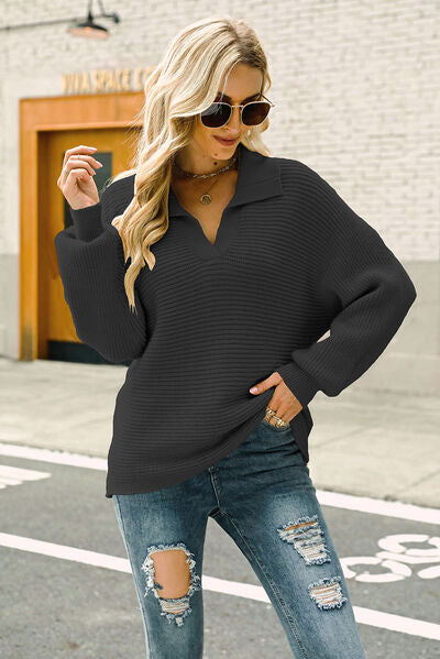 Ribbed Johnny Collar Pullover Sweater - AllIn Computer