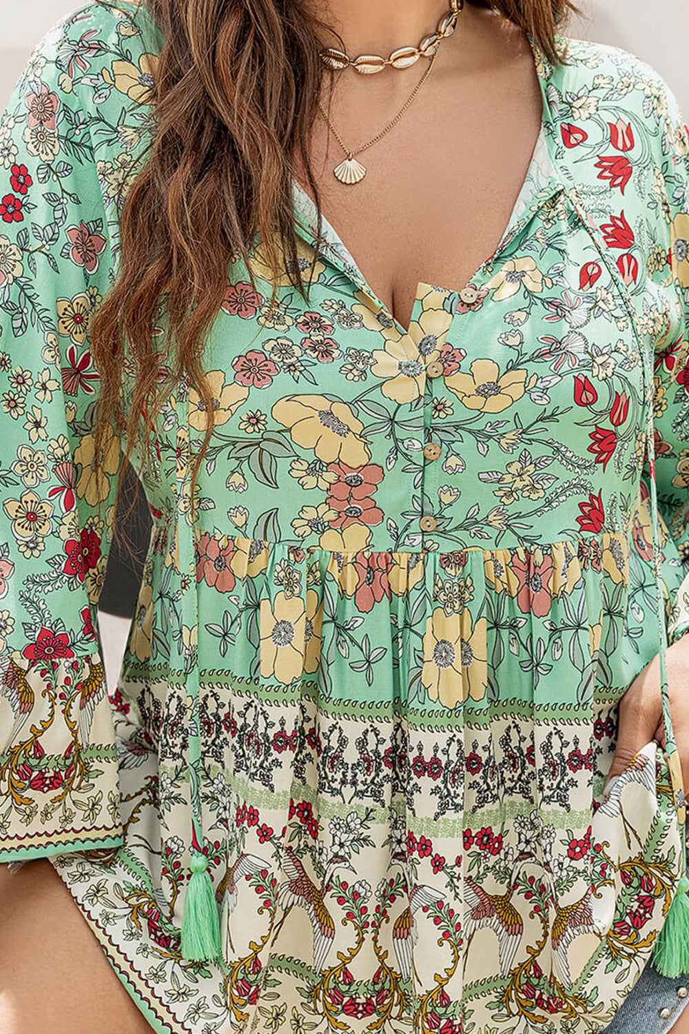 Plus Size Floral Tassel Tie Blouse - AllIn Computer